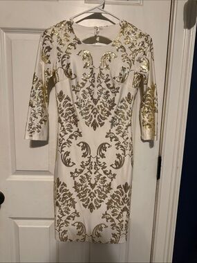 B Darlin White Midi Dress with Gold Sequin Baroque Design